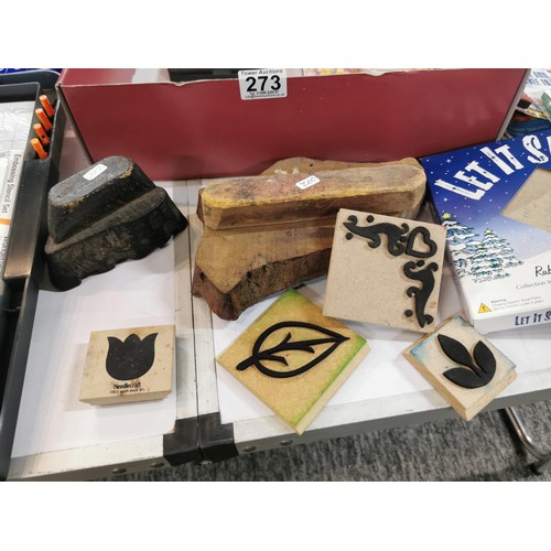 273 - Fiskars Scrap Boss embosser as new with stamps and card making accessories along with 2x wood textil... 
