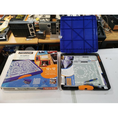 273 - Fiskars Scrap Boss embosser as new with stamps and card making accessories along with 2x wood textil... 