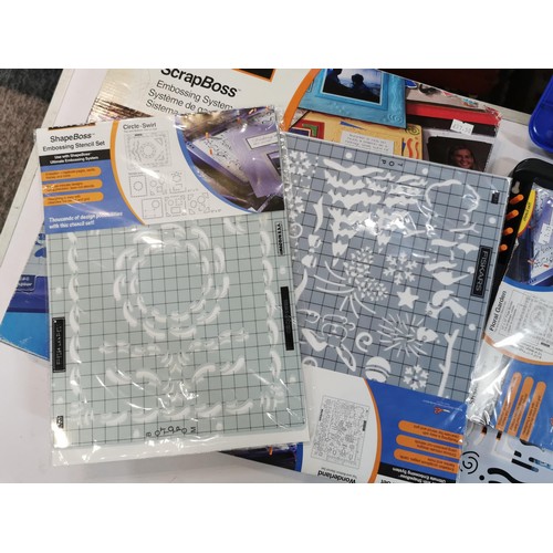 273 - Fiskars Scrap Boss embosser as new with stamps and card making accessories along with 2x wood textil... 