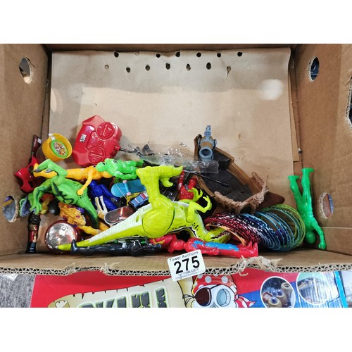 275 - A box of toys and games, many are unopened, to include a small air hockey game, various action figur... 