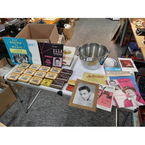 279 - Box containing a quantity of vintage tobacco tins inc 11x Old Holburn, St Julien etc along with thea... 