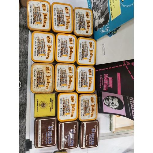 279 - Box containing a quantity of vintage tobacco tins inc 11x Old Holburn, St Julien etc along with thea... 
