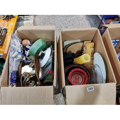 280 - 3x boxes containing a large quantity of collectables inc brass compendium, 2x boxed floral magic gla... 