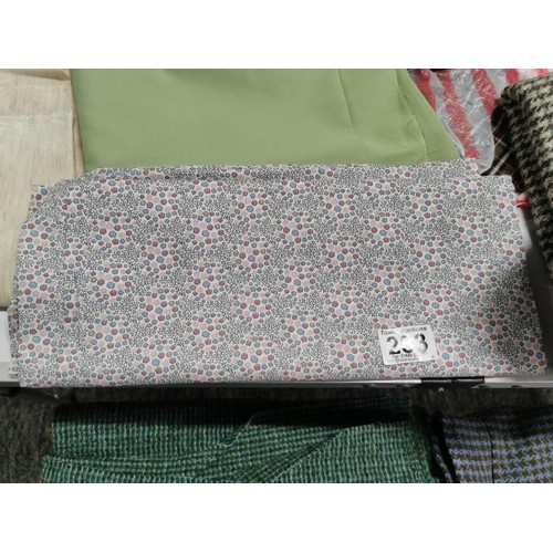 283 - Box containing a quantity of craft samples and throws inc a tartan wool blanket, cotton fabrics, vin... 
