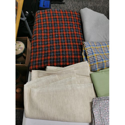 283 - Box containing a quantity of craft samples and throws inc a tartan wool blanket, cotton fabrics, vin... 