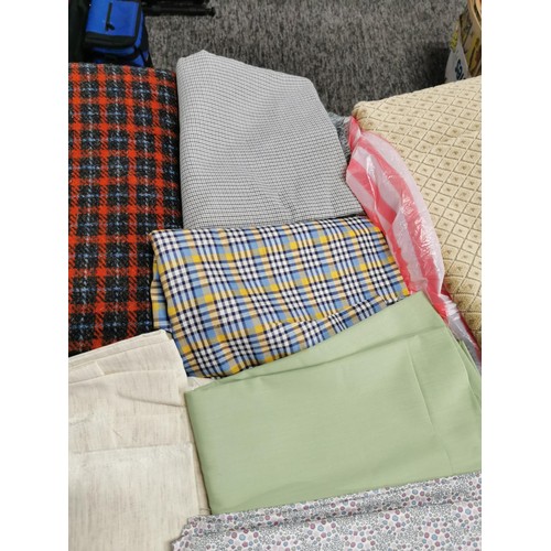 283 - Box containing a quantity of craft samples and throws inc a tartan wool blanket, cotton fabrics, vin... 