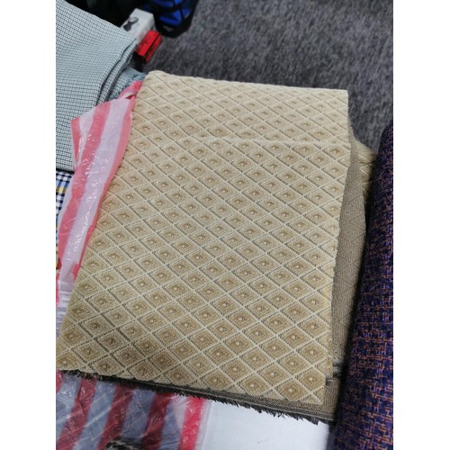 283 - Box containing a quantity of craft samples and throws inc a tartan wool blanket, cotton fabrics, vin... 