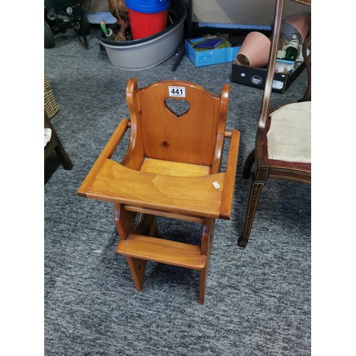 441 - Solid pine childs chair with tray heart design to the back and sides in very good order height 69cm ... 