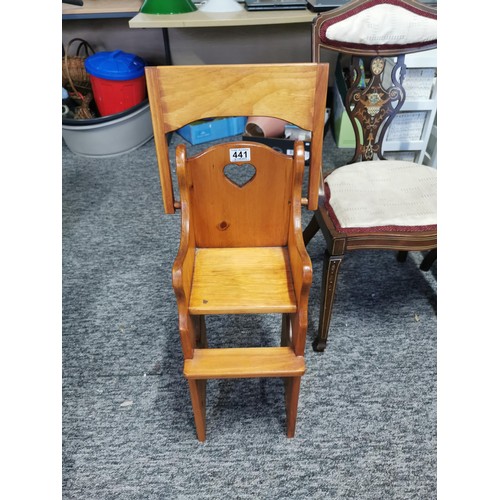 441 - Solid pine childs chair with tray heart design to the back and sides in very good order height 69cm ... 