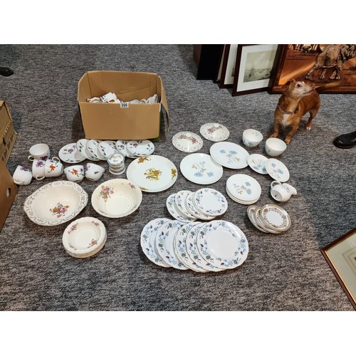 266 - A box containing a large quantity of tea sets to include some good brand names, Wedgwood, Royal Worc... 