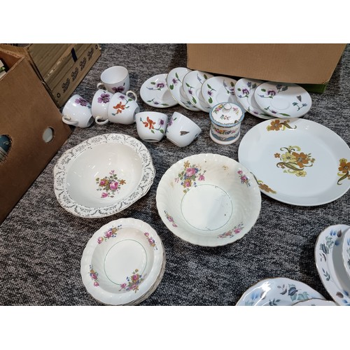 266 - A box containing a large quantity of tea sets to include some good brand names, Wedgwood, Royal Worc... 