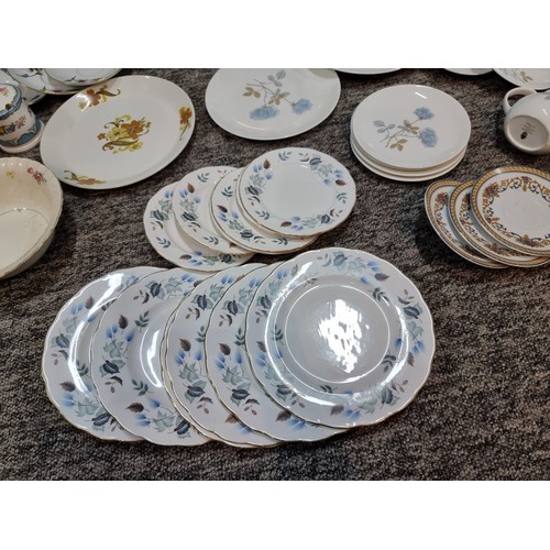 266 - A box containing a large quantity of tea sets to include some good brand names, Wedgwood, Royal Worc... 