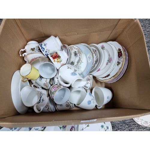266 - A box containing a large quantity of tea sets to include some good brand names, Wedgwood, Royal Worc... 