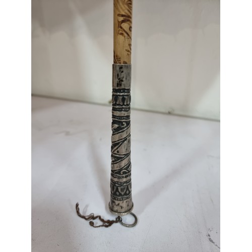 240A - Good antique Indian hand painted parasol with an ornate sterling silver handle and a burn design to ... 