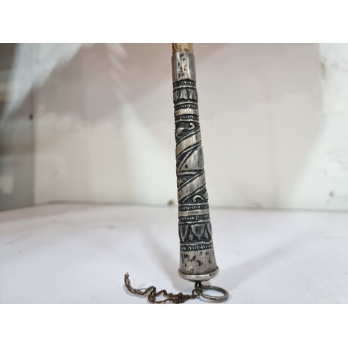 240A - Good antique Indian hand painted parasol with an ornate sterling silver handle and a burn design to ... 
