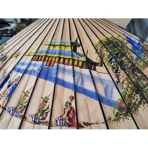 240A - Good antique Indian hand painted parasol with an ornate sterling silver handle and a burn design to ... 
