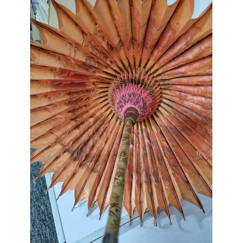 240A - Good antique Indian hand painted parasol with an ornate sterling silver handle and a burn design to ... 