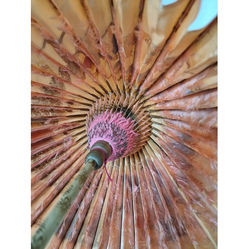 240A - Good antique Indian hand painted parasol with an ornate sterling silver handle and a burn design to ... 