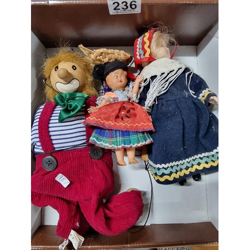 236 - 2 Pelham puppets with paperwork along with a Pelham style puppet and 2 other dolls. One Pelham puppe... 