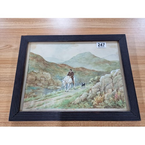 247 - A framed and glazed vintage original watercolour of a scene with a shepherd on horseback and a dog. ... 