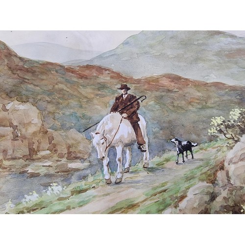 247 - A framed and glazed vintage original watercolour of a scene with a shepherd on horseback and a dog. ... 