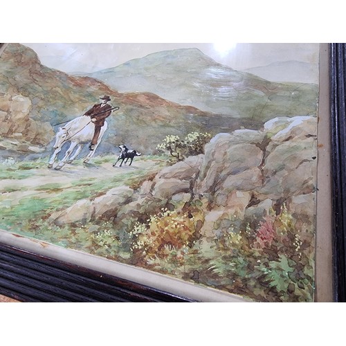 247 - A framed and glazed vintage original watercolour of a scene with a shepherd on horseback and a dog. ... 