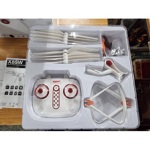 252 - A boxed Syma X8SW quadro copter drone with Wi-Fi video/photo HD camera, capable of flip stunts, etc.... 