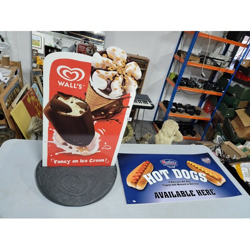 11 - Wall's Ice cream pavement sign with double sided sign along with a Westlers hot Dogs sign, walls sig... 