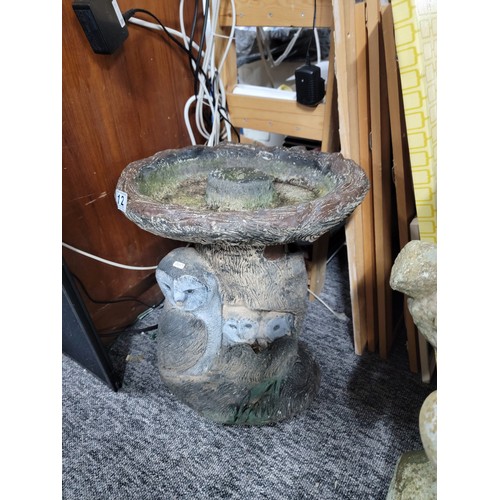 12 - Concrete bird bath with an Owl family to the base in overall good condition stands at 45.5cm width 3... 