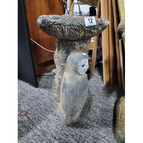 12 - Concrete bird bath with an Owl family to the base in overall good condition stands at 45.5cm width 3... 