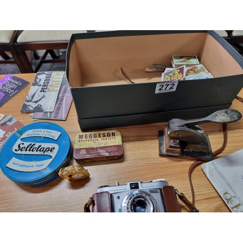 272 - A box various collectables to include a Zeiss ikon nettar camera a Kodak retinette camera, a King Ge... 