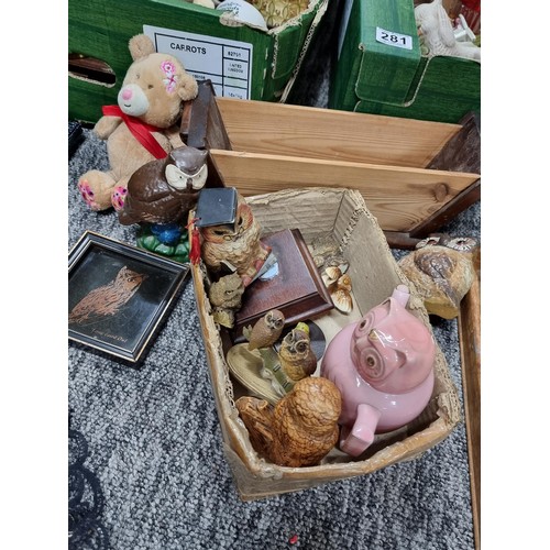 281 - A large job lot in 3 boxes of collectable odds and ceramics to include a quantity of art glass cat a... 