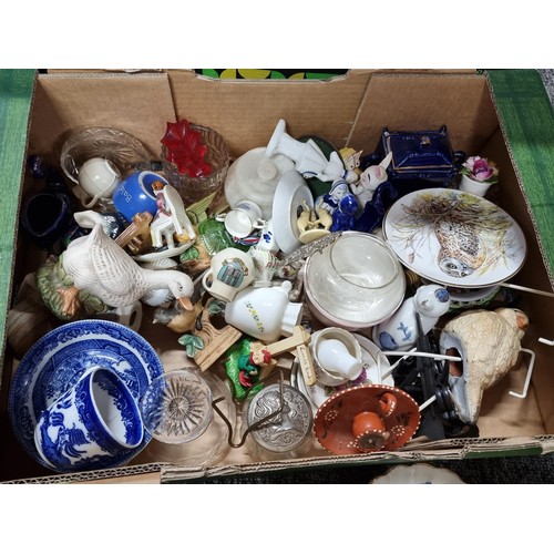 281 - A large job lot in 3 boxes of collectable odds and ceramics to include a quantity of art glass cat a... 