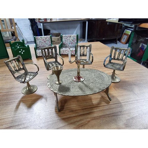 293 - Small qty of good quality dolls house furniture to inc 2 x solid brass table and chair sets, a qty S... 