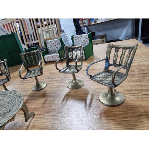 293 - Small qty of good quality dolls house furniture to inc 2 x solid brass table and chair sets, a qty S... 