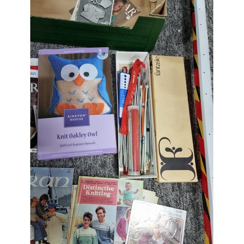 302 - Knitting lot to include a box full of knitting items a boxed Owl N-Knit Kit by Kirkton House along w... 