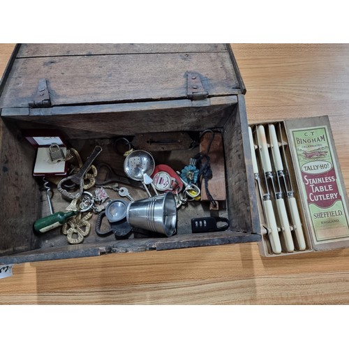 303 - Good antique wooden box with contents of sundries and collectables