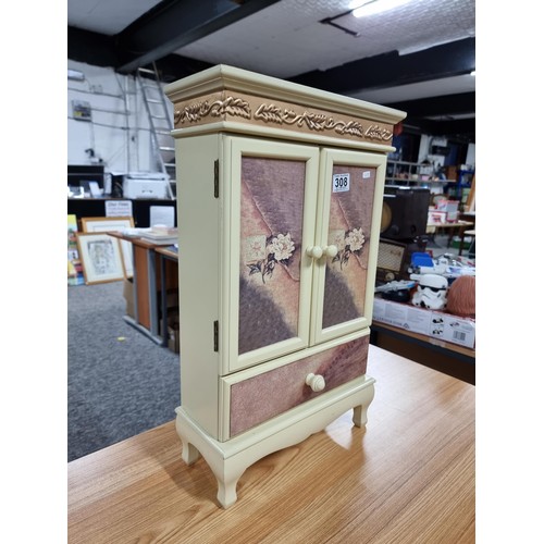 308 - Pretty solid wood French style armoire table top cupboard 2 doors over one drawer with floral design... 