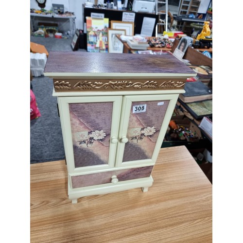 308 - Pretty solid wood French style armoire table top cupboard 2 doors over one drawer with floral design... 