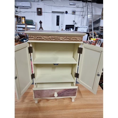 308 - Pretty solid wood French style armoire table top cupboard 2 doors over one drawer with floral design... 