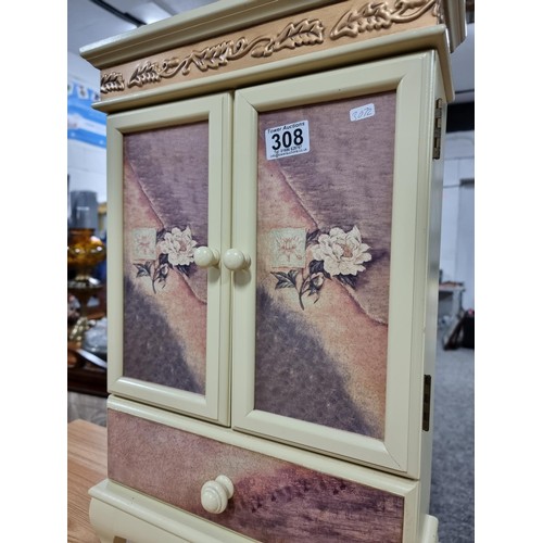 308 - Pretty solid wood French style armoire table top cupboard 2 doors over one drawer with floral design... 