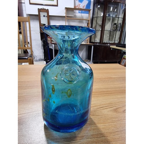 311 - 3 x Mdina art glass items, a pair of matching blue glass yellow swirl vases and a similar large glas... 