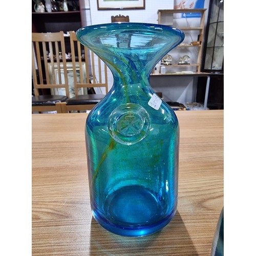 311 - 3 x Mdina art glass items, a pair of matching blue glass yellow swirl vases and a similar large glas... 