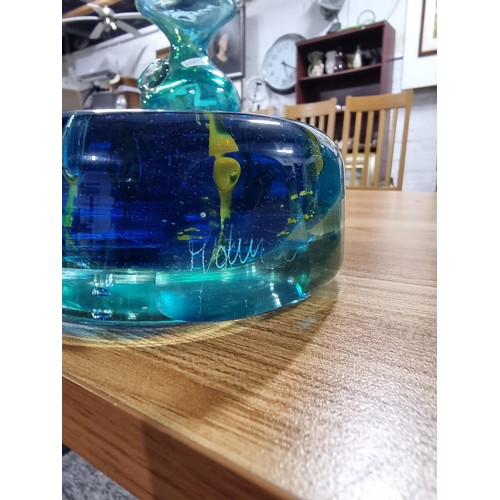 311 - 3 x Mdina art glass items, a pair of matching blue glass yellow swirl vases and a similar large glas... 