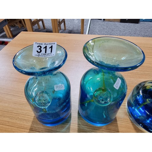 311 - 3 x Mdina art glass items, a pair of matching blue glass yellow swirl vases and a similar large glas... 