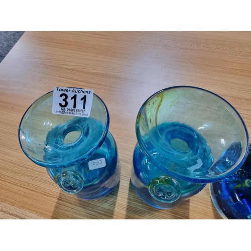 311 - 3 x Mdina art glass items, a pair of matching blue glass yellow swirl vases and a similar large glas... 