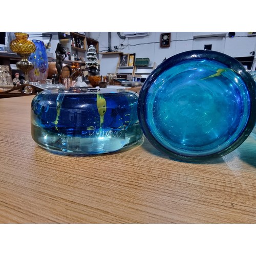 311 - 3 x Mdina art glass items, a pair of matching blue glass yellow swirl vases and a similar large glas... 