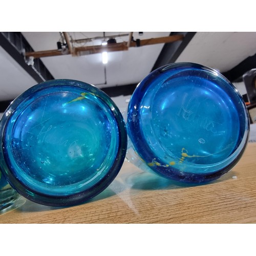 311 - 3 x Mdina art glass items, a pair of matching blue glass yellow swirl vases and a similar large glas... 