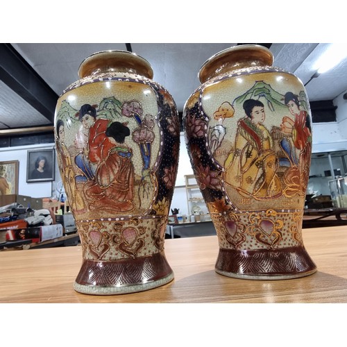 319 - A pair of antique Japanese Satsuma vases with blue character marks to the base, in good condition, s... 