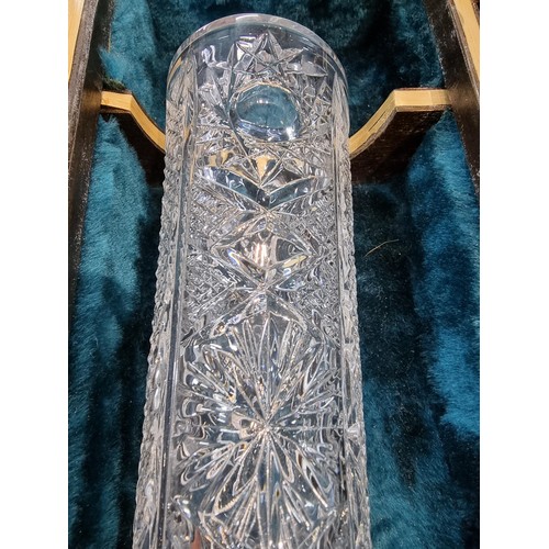 320 - An ornate cut crystal glass wedding horn fitted in its ornate wooden box, made in Zhalobin Southern ... 